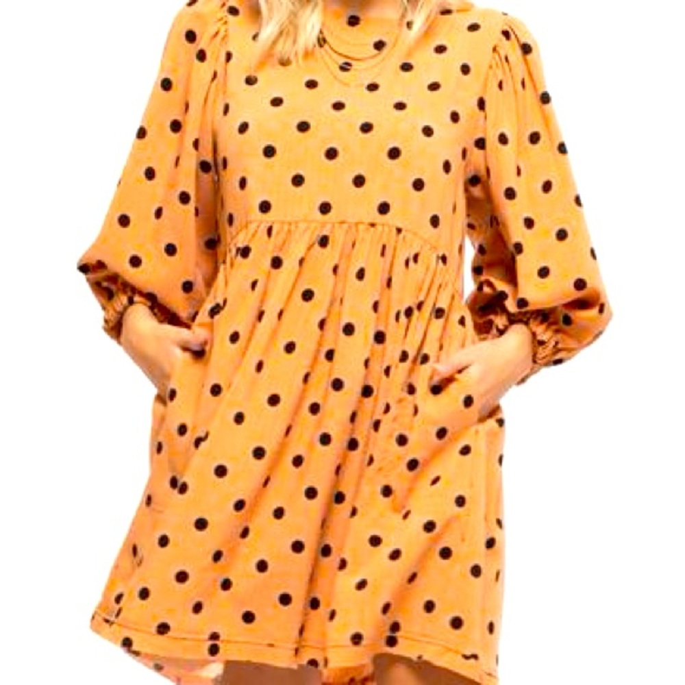 New w/o tags Blu Pepper Balloon Sleeve Peach Polka Dot Dress M